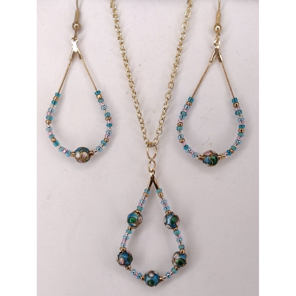 Cloisonne Earrings and Necklace Set Pink Teal Gold